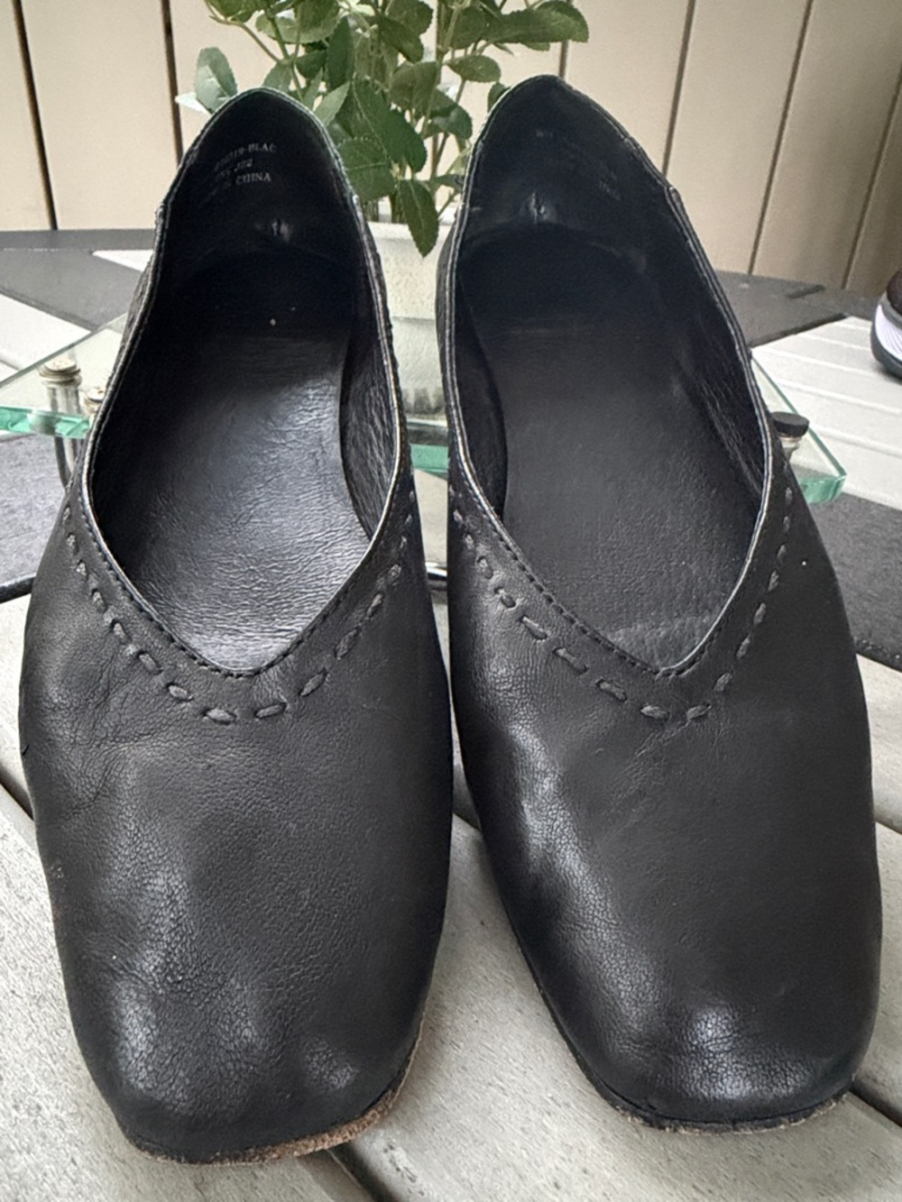 Frye Black Leather V-Stitch Slip-Ons